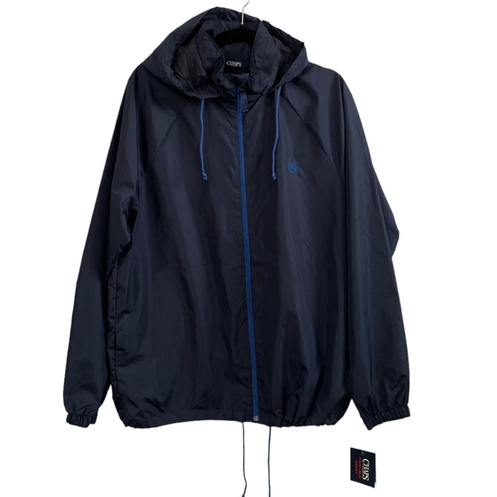 NWT Chaps Packable Windbreaker Rain Jacket w/hood Navy Blue Size Large